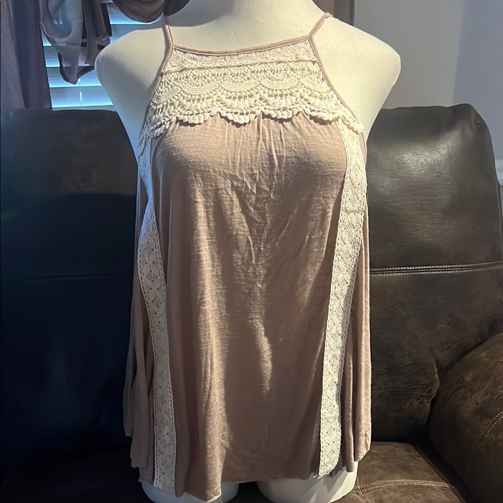 American Threads Tan Asymmetrical Embellished Tank Top